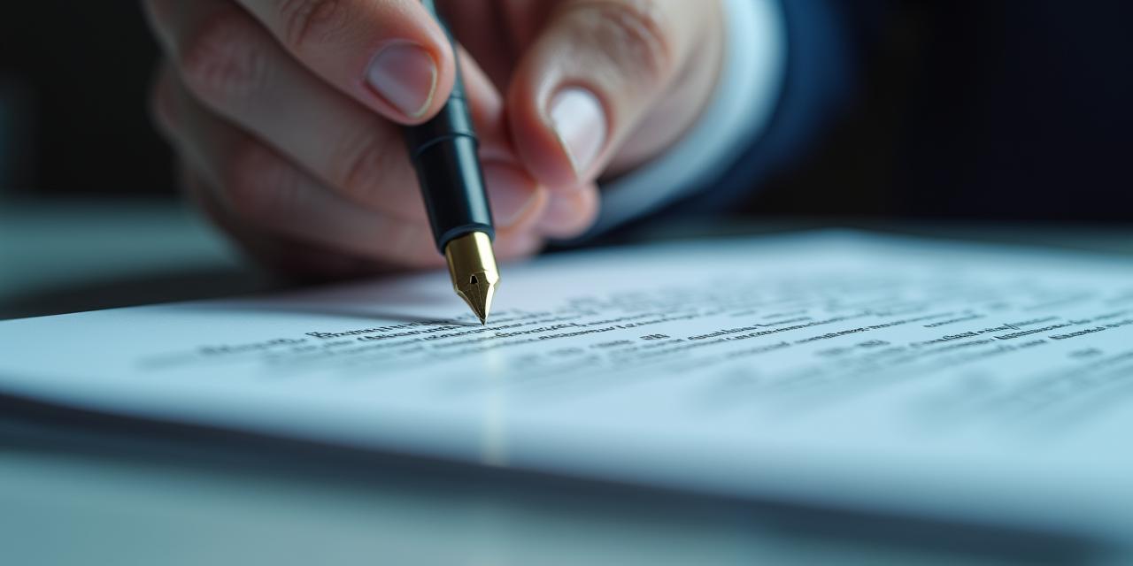 Close up of a fountain pen signing a custom legal document next to a generic digital interface