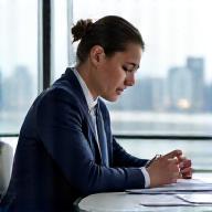 A professional legal consultant reviewing documents in a modern office
