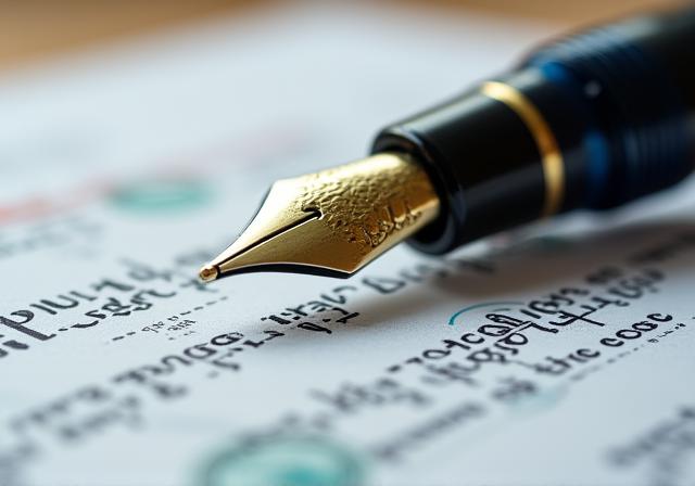 Close up of a fountain pen signing a detailed legal contract on high quality paper with professional office background